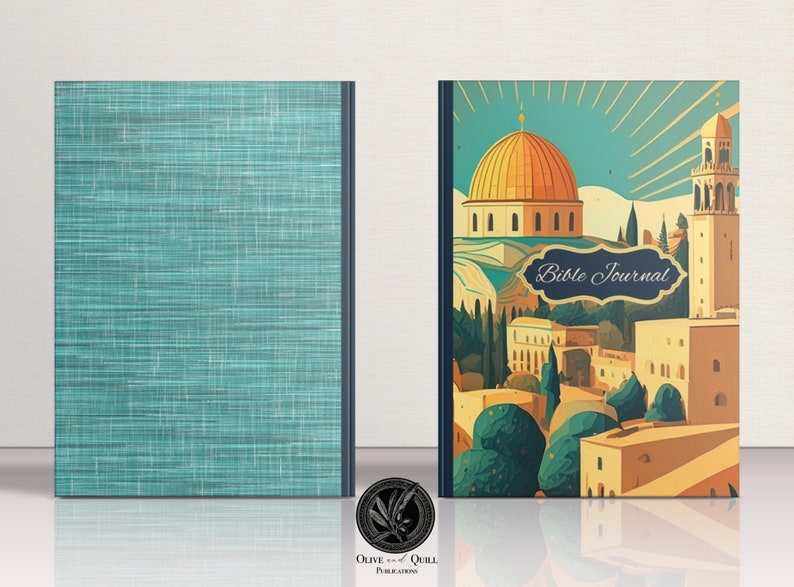 May include: A teal blue journal with a textured cover. The front cover features an illustration of a cityscape with a golden dome building and the text "Bible Journal".