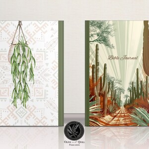 May include: Two different journal covers. The first cover features a hanging plant with green leaves against a white background with a geometric pattern. The second cover features a desert scene with tall cacti and a dirt path. Both covers have a green border and the text "Bible Journal" is printed on the second cover.