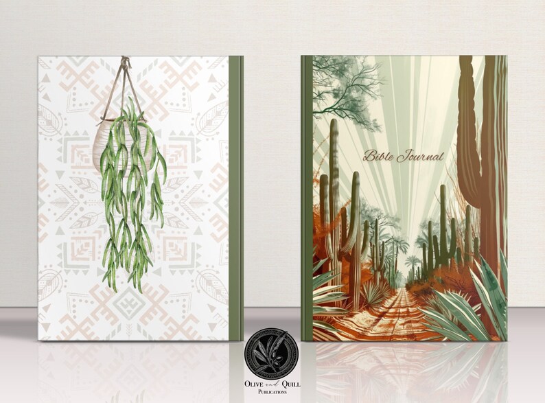 May include: Two different journal covers. The first cover features a hanging plant with green leaves against a white background with a geometric pattern. The second cover features a desert scene with tall cacti and a dirt path. Both covers have a green border and the text "Bible Journal" is printed on the second cover.