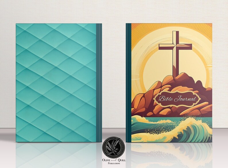 May include: A teal blue journal with a geometric pattern on the front cover. The back cover features a colorful illustration of a cross on a rocky island with waves crashing against the shore. The text "Bible Journal" is printed on the cover.