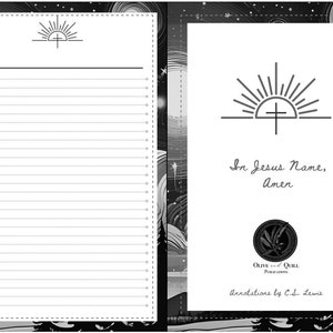 May include: Black and white illustration of a sunrise with a cross over the sun. The text "In Jesus Name, Amen" is below the illustration. The image has a black and white background with a pattern of circles and stars.