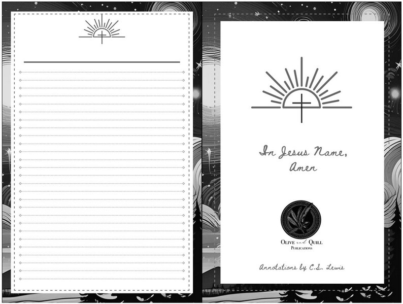 May include: Black and white illustration of a sunrise with a cross over the sun. The text "In Jesus Name, Amen" is below the illustration. The image has a black and white background with a pattern of circles and stars.
