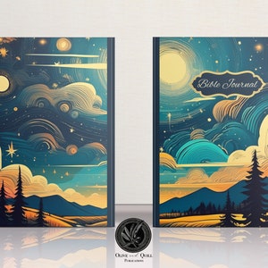 May include: A blue and gold illustrated journal cover with a starry night sky, mountains, and trees. The cover has the text "Bible Journal" in a gold frame.