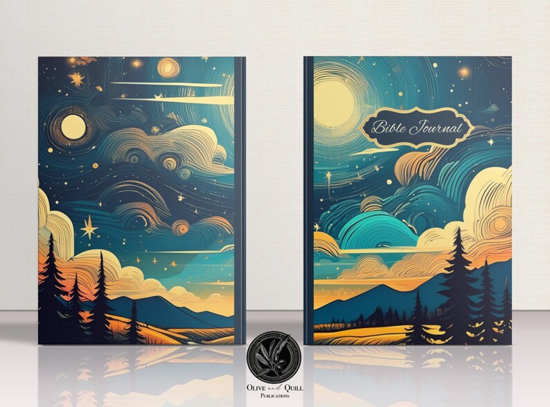 May include: A blue and gold illustrated journal cover with a starry night sky, mountains, and trees. The cover has the text "Bible Journal" in a gold frame.