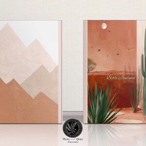 May include: Two different covers for a Bible journal. The first cover features a minimalist design with brown and beige mountains. The second cover features a desert scene with a cactus, a moon, and stars. Both covers have the text "Bible Journal" printed on them.