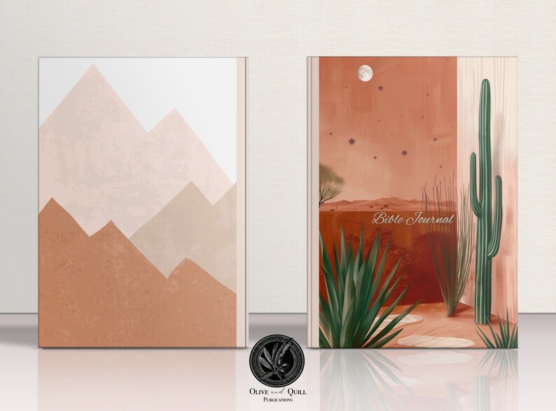 May include: Two different covers for a Bible journal. The first cover features a minimalist design with brown and beige mountains. The second cover features a desert scene with a cactus, a moon, and stars. Both covers have the text "Bible Journal" printed on them.