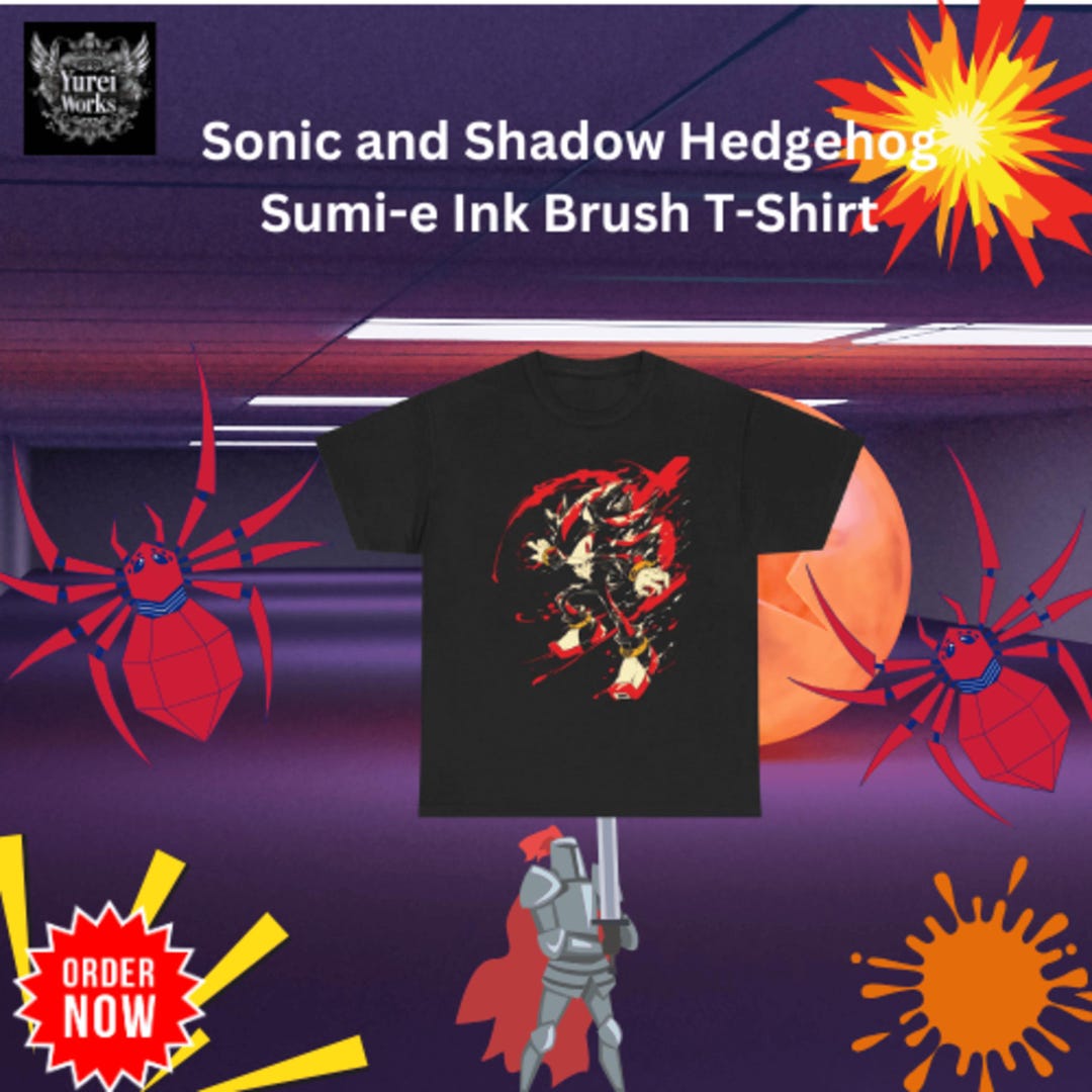 Sonic and Shadow Hedgehog Sumi-e Ink Brush T-shirt, Japanese ...
