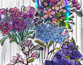 Holographic Flower Sticker | Large Flower Sticker | Poppies Anemones Magnolia Lenten Rose OR Forget Me Nots Sticker