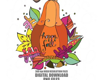 Ilustración de calabaza de otoño, hojas de otoño PNG JPG (descarga digital)