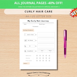Könnte beinhalten: Eine weiße A4-Seite des Journals "My Curly Hair Journey" mit Abschnitten für Behandlung, Stylingprodukte und Notizen. Ein magenta-farbener Stift liegt auf einer hellen Holzoberfläche. Text enthält "Curly Hair Care" und "Print Once, Use Forever".