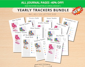 Paquete de rastreadores anuales, imprimible "El año en píxeles", rastreador de salud mental y estado de ánimo, páginas para bullet journal, planificador digital en PDF.