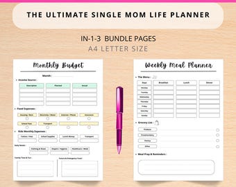 Planificador imprimible para madres solteras, organizador de presupuesto y preparación de comidas, agenda familiar y planificador de productividad diaria.