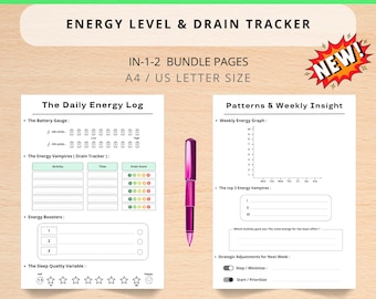 Monitor imprimible de niveles de energía y agotamiento para TDAH, registro diario de recuperación del agotamiento, planificador de productividad para la salud mental