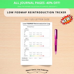 Puede incluir: Un registro de reintroducción de Low FODMAP blanco con un bolígrafo rosa sobre una superficie de madera. El registro incluye secciones para alimentos, porciones, tiempo y una escala del 1 al 10. El texto de la imagen dice "¡TODAS LAS PÁGINAS DEL DIARIO -40% DE DESCUENTO!" y "IMPRIME UNA VEZ, USA PARA SIEMPRE."