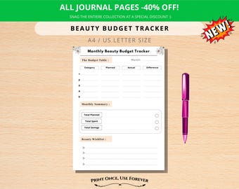 Planificador de presupuesto de belleza imprimible, registro de gastos de maquillaje y cuidado de la piel, planificador de presupuesto para uñas y cabello, planificador de finanzas para el autocuidado en formato PDF