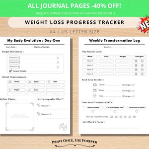 May include: A weight loss progress tracker journal with two pages, one for body evolution and the other for weekly transformation. Includes sections for measurements, milestones, and a weekly grid. A pink pen rests on the right side.