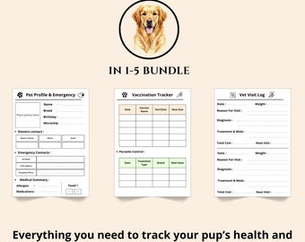 Paquete completo de registro de salud canina: Planificador imprimible de cuidados, historial de vacunación y medicación, notas de visitas veterinarias (PDF)