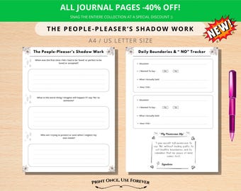 Diario de trabajo estético con la sombra (imprimible), cuaderno de trabajo para complacer a los demás, registro de límites, diario de sanación del niño interior, PDF de afirmaciones de amor propio.