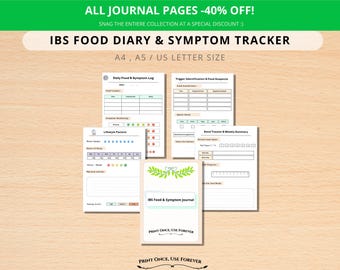 Diario imprimible de alimentos y síntomas del SII, registro de salud intestinal, diario de salud digestiva, registro médico para visitas al médico, planificador de enfermedades crónicas en PDF.
