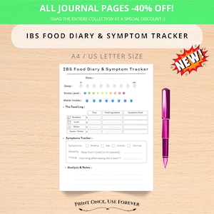 May include: A white IBS Food Diary & Symptom Tracker sheet with a pink pen. The sheet includes sections for sleep, stress levels, water intake, food log, and symptom tracking. Text on the top says "ALL JOURNAL PAGES -40% OFF!" and "IBS FOOD DIARY & SYMPTOM TRACKER".