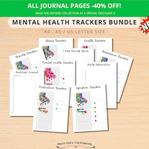 Könnte beinhalten: Ein Bündel druckbarer Mental-Health-Tracker auf weißem Papier, darunter Tracker für Angst, Stress und Depression. Das Bundle enthält die Größen A4, A5 und US Letter. Das Bild enthält auch den Text "ALL JOURNAL PAGES -40% OFF!" und "MENTAL HEALTH TRACKERS BUNDLE."