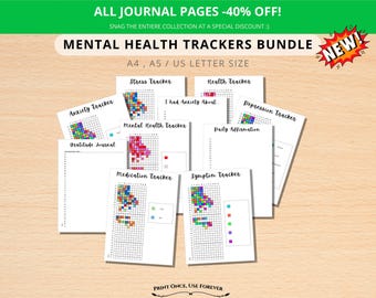 Paquete de herramientas para el seguimiento de la salud mental, imprimible "Año en píxeles", páginas para el seguimiento del estado de ánimo, planificador digital y bullet journal en PDF.