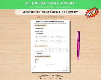 Registro de cuidados posteriores al tratamiento estético con bótox y rellenos, registro de recuperación de tratamientos cosméticos imprimible, diario de recuperación de rellenos labiales, guía de procedimientos cutáneos