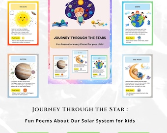 Poemas espaciales para niños imprimibles, libro Viaje a través del sistema solar con estrellas, astronomía educativa para niños pequeños, decoración científica para la escuela en el hogar.