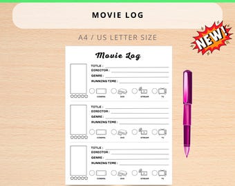 Bitácora de películas imprimible, diario de seguimiento de películas (carta de EE. UU. y A4) (descarga en PDF)