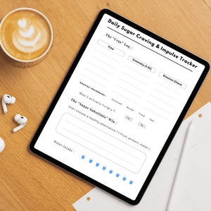 Puede incluir: Una tableta digital que muestra un formulario de "Seguimiento diario de antojos de az&uacute;car e impulsos". El formulario incluye secciones para registrar los antojos, los niveles de intensidad y los controles emocionales. Una taza de caf&eacute; y auriculares inal&aacute;mbricos tambi&eacute;n est&aacute;n sobre la superficie de madera.