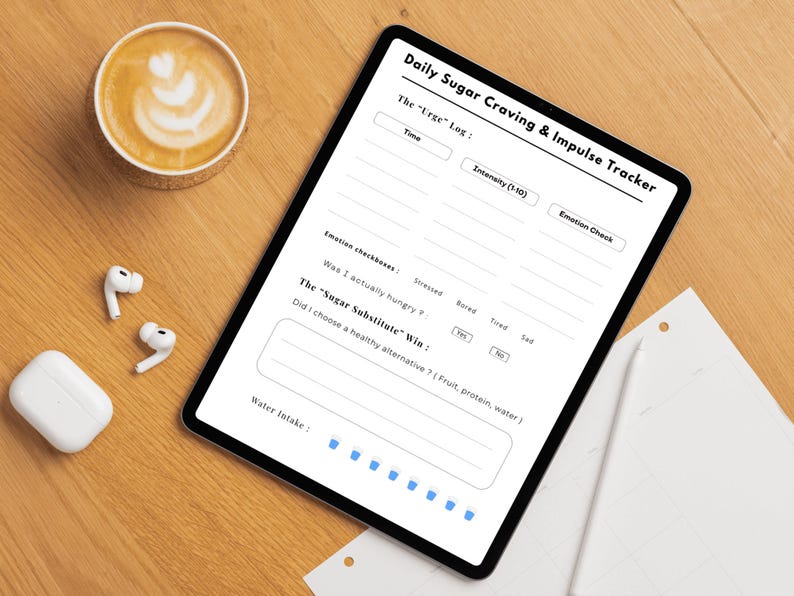 Puede incluir: Una tableta digital que muestra un formulario de "Seguimiento diario de antojos de az&uacute;car e impulsos". El formulario incluye secciones para registrar los antojos, los niveles de intensidad y los controles emocionales. Una taza de caf&eacute; y auriculares inal&aacute;mbricos tambi&eacute;n est&aacute;n sobre la superficie de madera.