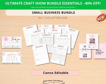 Paquete de plantillas para ferias de artesanía, paquete de letreros editables para pequeñas empresas, formulario de pedido imprimible, letrero con código QR para escanear y pagar, tarjeta de fidelización, Canva
