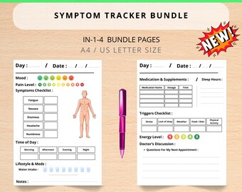 Paquete de seguimiento de síntomas, registro diario, semanal y mensual del dolor, diario de enfermedades crónicas, seguimiento de salud médica, lista de síntomas (PDF en tamaño A4 y carta)