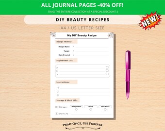 Tarjeta imprimible con recetas caseras para el cuidado de la piel, hoja de formulación de belleza, registro de mascarillas capilares naturales, diario de belleza en PDF.