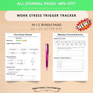Può includere: Un pacchetto di pagine di diario stampabili per il monitoraggio dello stress lavorativo. Le pagine includono sezioni per l'umore, i trigger e le tendenze settimanali. Una penna magenta è posizionata sul lato destro. Il testo recita "Work Stress Trigger Tracker".