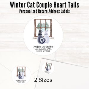 Etiquetas de dirección de devolución personalizadas redondas con gatos de invierno / Etiquetas de dirección con nieve navideña / Pegatinas de dirección de envío de mascotas personalizadas para vacaciones familiares