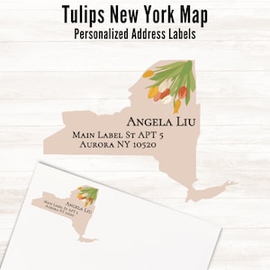 Etiquetas de dirección de devolución personalizadas con forma de mapa de Nueva York y tulipanes, juego de 16 etiquetas / Etiquetas de envío personalizadas con forma de mapa de estado de flores, pegatinas para correo postal