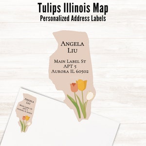 Etiquetas de dirección de devolución personalizadas con forma de mapa de Illinois y tulipanes, juego de 16 etiquetas / Etiquetas de envío personalizadas con forma de mapa de estado de flores, pegatinas para correo postal