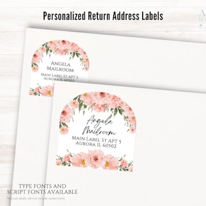 Etiquetas de dirección de devolución personalizadas con marco floral rosa / Etiquetas de envío personalizadas con forma de arco romántico / Etiquetas de invitación de boda para el día de San Valentín