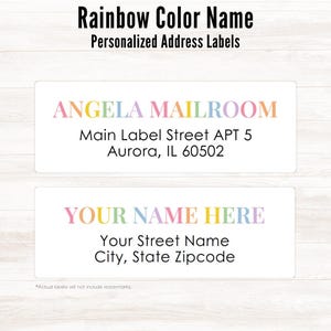Regenboogkleurige naam gepersonaliseerde adreslabels, set van 32 labels | Pastelkleurige kleurrijke aangepaste familieadressticker verjaardagsuitnodiging