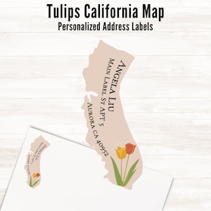 Etiquetas de dirección de devolución personalizadas con forma de mapa de California y tulipanes, juego de 16 etiquetas / Etiquetas de envío personalizadas con forma de mapa de estado de flores, calcomanías para correo postal