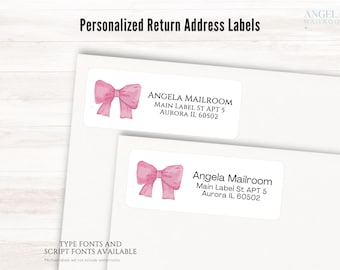 Pink Ribbon Bow Personalize Return Address Labels, set of 30 | Custom Romantic Wedding Mailing Labels, Valentine&#39;s Day Girly Snailmail