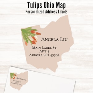 Etiquetas de dirección de devolución personalizadas con forma de mapa de Ohio y tulipanes, juego de 16 etiquetas / Etiquetas de envío personalizadas con forma de mapa de estado de flores, pegatinas para correo postal