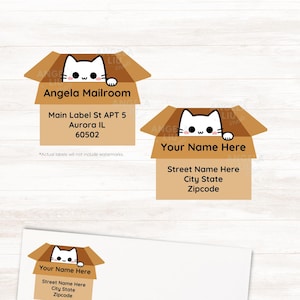 Cat Peeking personaliseer adresstickers, set van 16 etiketten | Schattige kitten Peek in Box aangepaste adresetiketten | Snailmailstickers penvriend