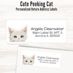 Peeking Cat Retourstickers personaliseren | Aangepaste adresetiketten aquarel schattig wit katje | Sticker postzegel kat illustratie