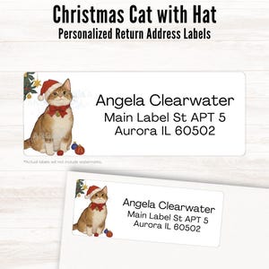 Gepersonaliseerde retouradresetiketten kerstkat | Schattige kat met strik en hoed aangepaste adressticker, feestelijke feestdagen retouretiket