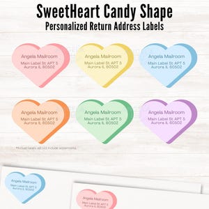 Valentijnsdag hartjessnoep gepersonaliseerde adresetiketten, set van 20 etiketten | Romantische Sweethearts Candy Custom Postadresstickers