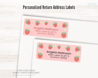 Strawberry Flower Personalized Return Address Labels, set of 30 labels | Cute Pink Custom Mailing Label Sticker | Girly Address Labels