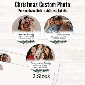 Kerst Gepersonaliseerde familiefoto ronde retouradresetiketten | Familie kerstadreslabel, aangepaste sticker postadres voor de feestdagen