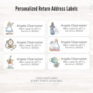Alice In Wonderland gepersonaliseerde retouradreslabels, set van 30 | Aangepaste verzendsticker verhalenboek | Sprookjesachtige verjaardagsuitnodiging voor kinderen